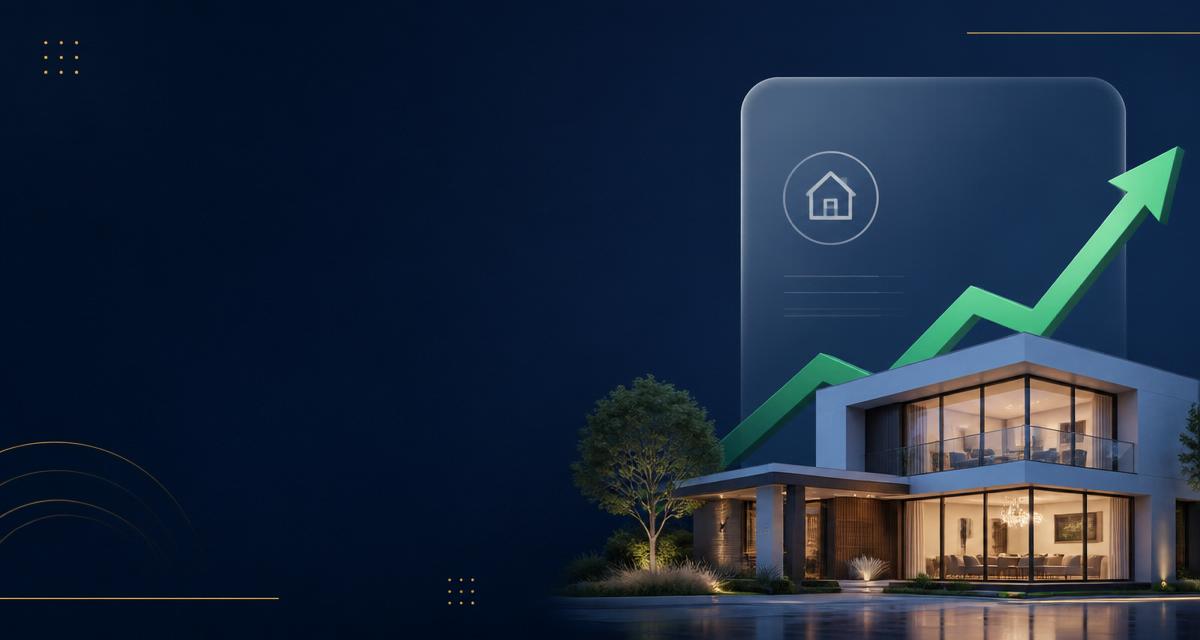 Modern luxury home with a rising green growth arrow symbolizing motivated seller lead generation